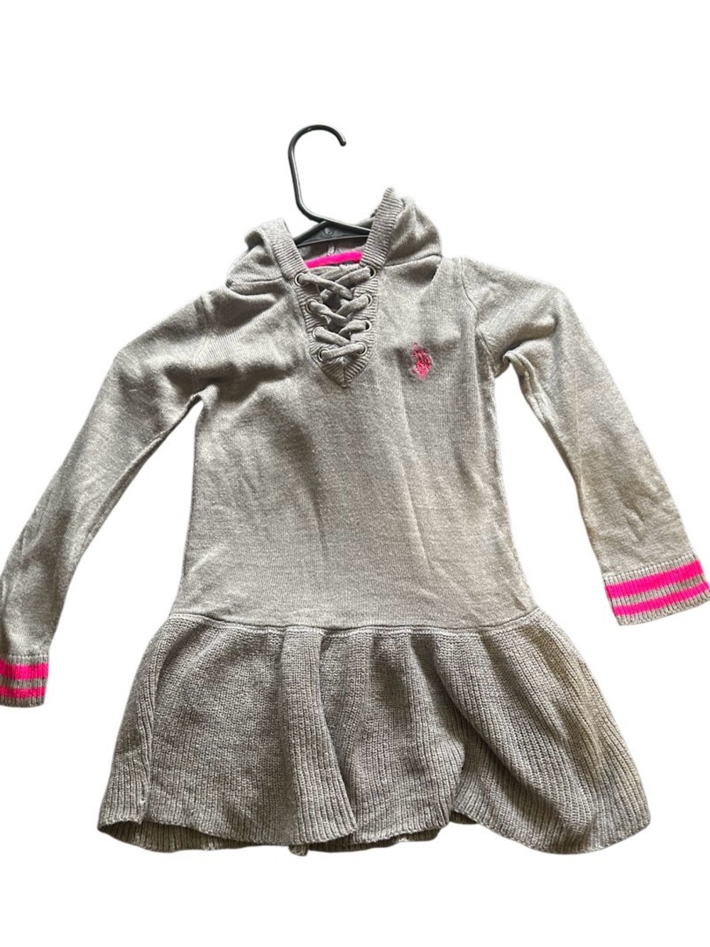 Girls' Hooded Knit Polo Dress with Pink Accent